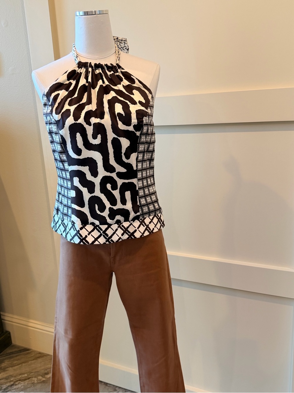 Etcetera Black and White Patterned Halter Top